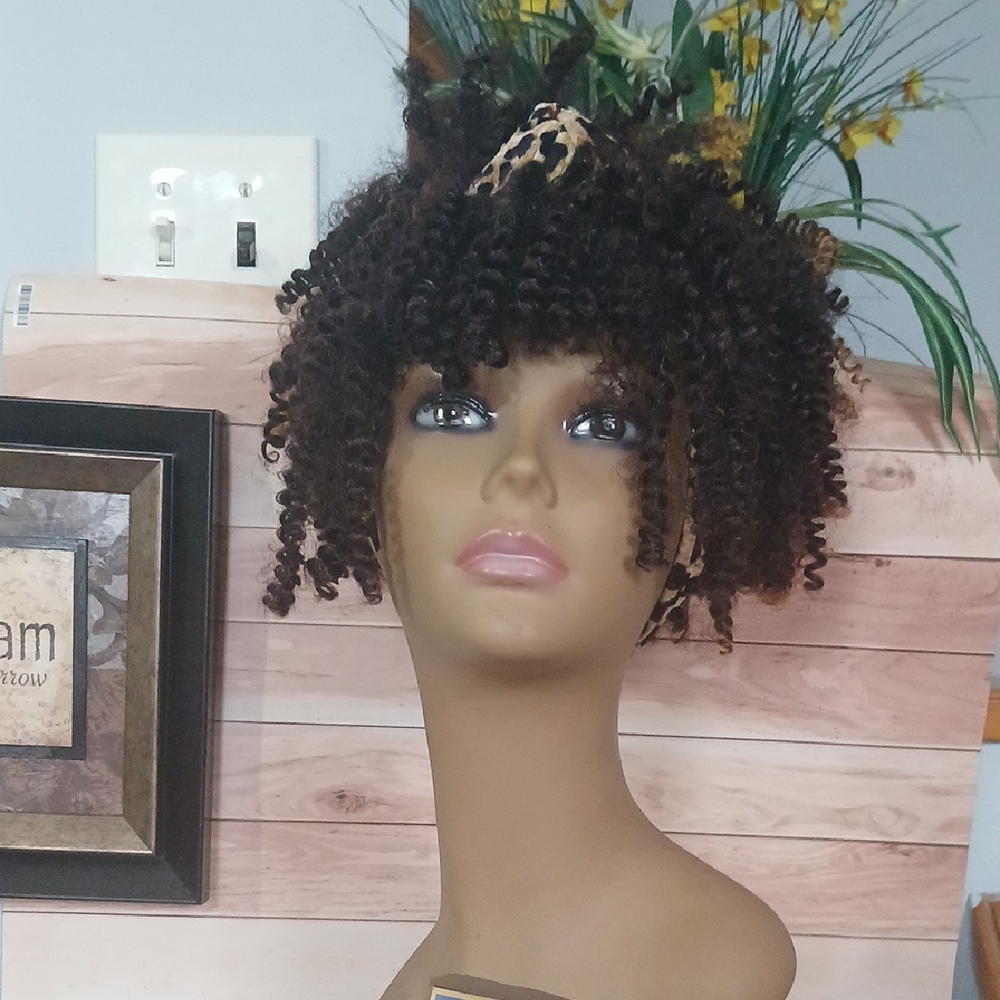Curly Brown Wig with Leopard Print Headband
